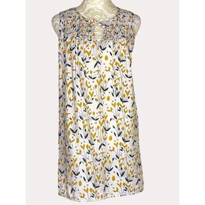 Suzanne Betro Weekend Smocked Top Blouse Floral Gold Blue L bv